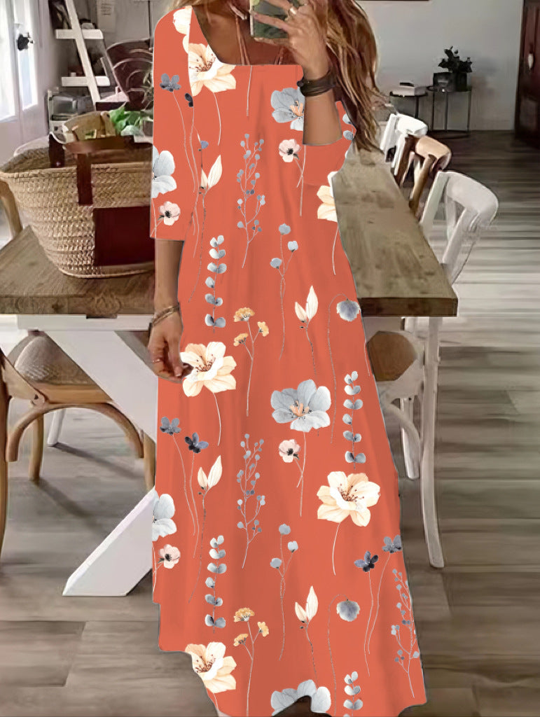 Women's Flowing Maxi Dress with Three-Quarter Sleeves, Boat Neck and Floral Allover Print Mune Fashion