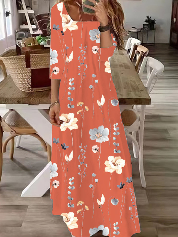 Women's Flowing Maxi Dress with Three-Quarter Sleeves, Boat Neck and Floral Allover Print Mune Fashion