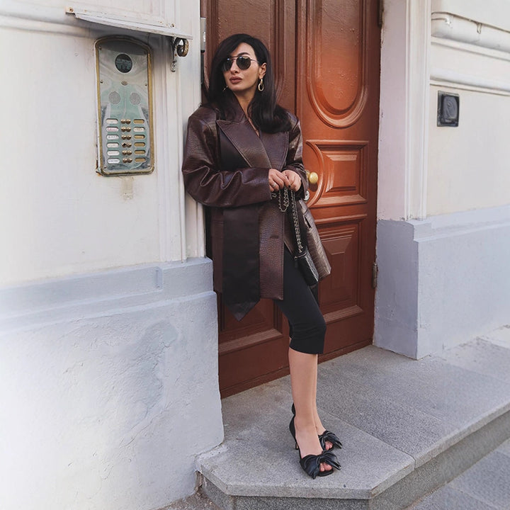 Ladies Oversized Blazer Coat in Crocodile Embossing with Shawl Collar and Tie Belt Mune Fashion