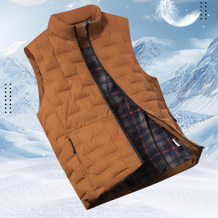 Men's Quilted Padded Vest with Checked Lining and Stand-Up Collar Mune Fashion