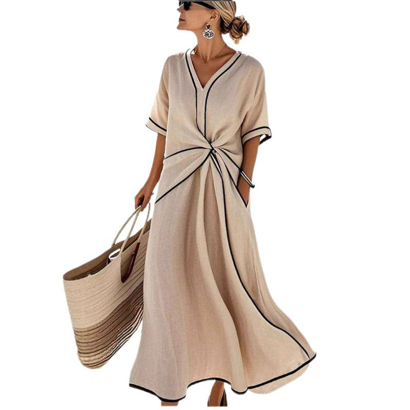 Women's maxi dress with V-neck, side knot and contrast piping Mune Fashion
