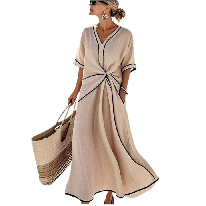Women's maxi dress with V-neck, side knot and contrast piping Mune Fashion