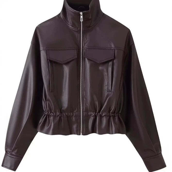 Women cropped faux leather jacket with stand collar, zipper and tailored smocking Mune Fashion
