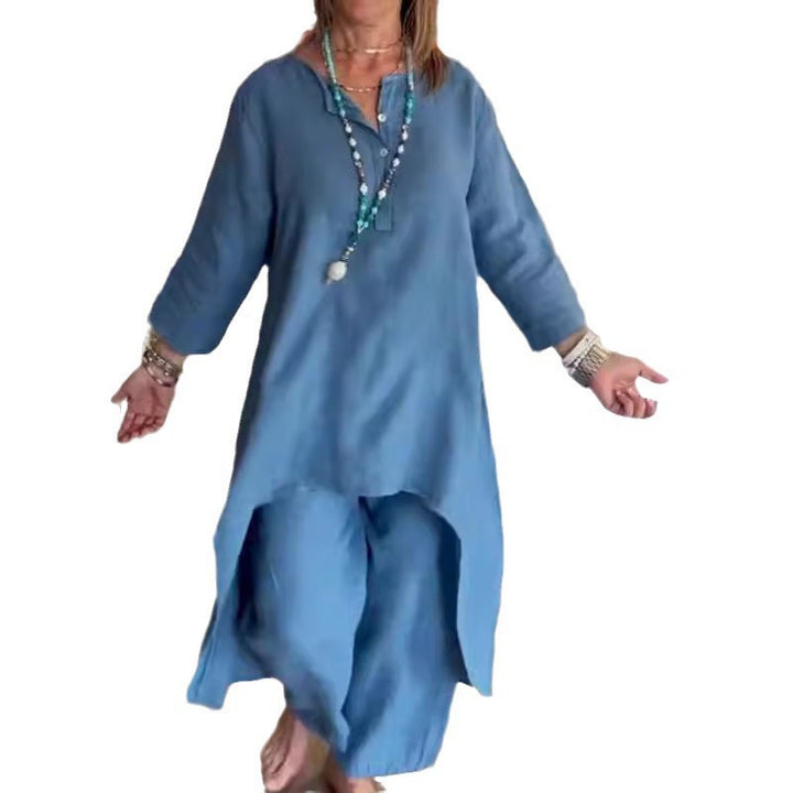 Women's Midi-Length Linen Tunic Set with Asymmetric Hem and Wide Palazzo Pants Mune Fashion