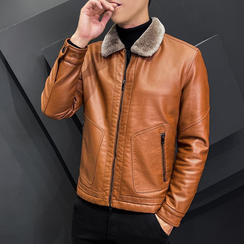 Men's Elegant Faux Leather Bomber Jacket with Warm Teddy Collar & Two-Way Zipper Mune Fashion