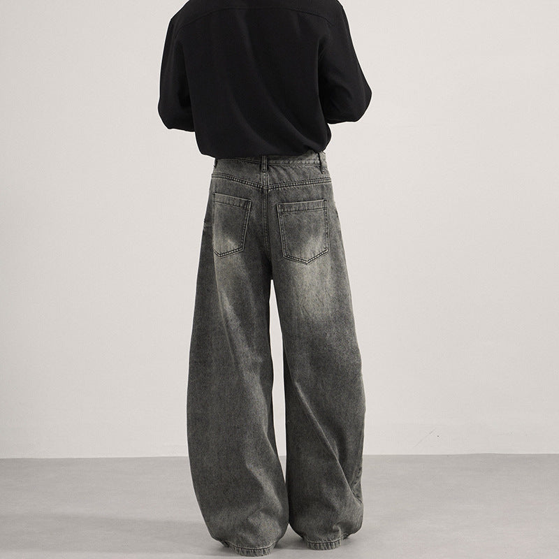 Men's Ultra-wide Vintage Washed Denim Palazzo Pants with Low Croth and Straight Hem Mune Fashion