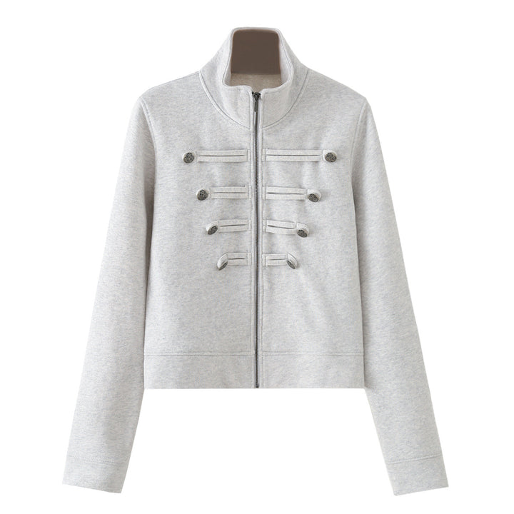 Women short-cut sweat jacket with stand-up collar and decorative piping Mune Fashion