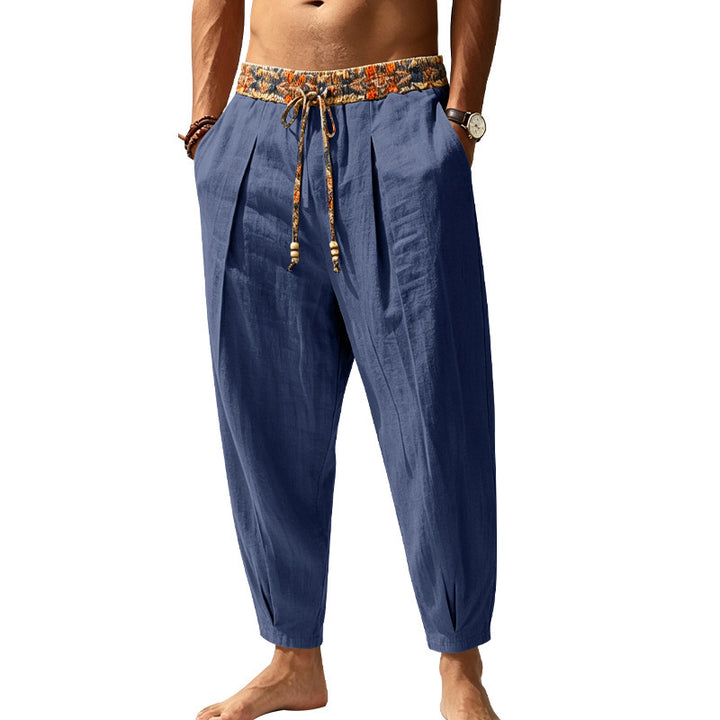 Men's loosely cut harem pants made of linen mix with patterned drawstring Mune Fashion