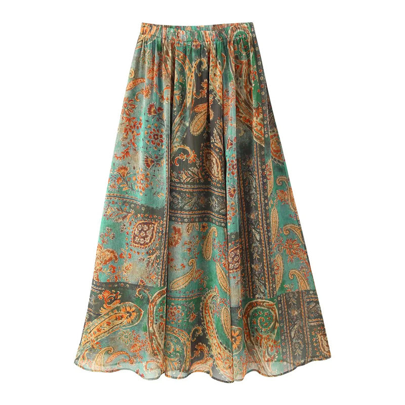Women nan flowing maxi skirt with elastic waistband, paisley print and airy chiffon look Mune Fashion