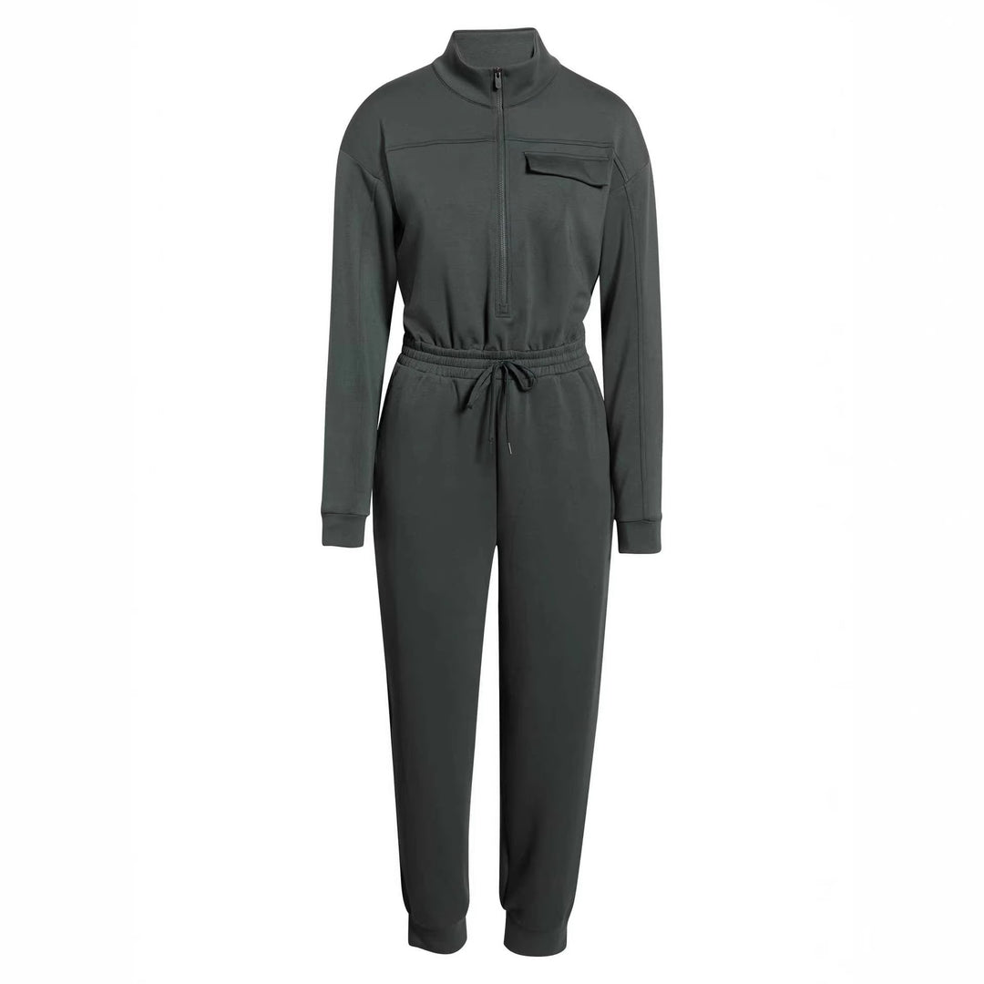 Ladies Fashionable Jumpsuit with Stand Collar and Drawstring