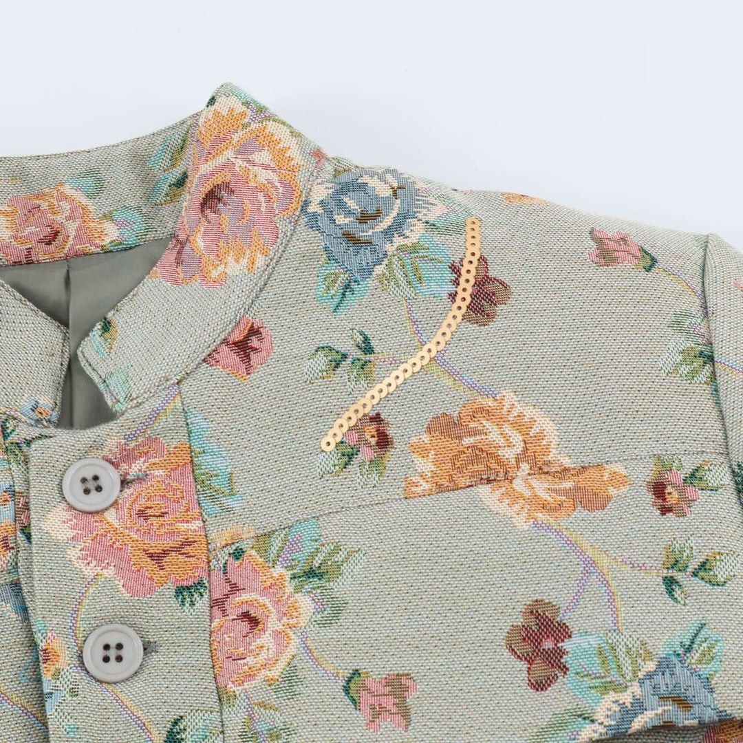 Women's Embroidered Jacquard Short Jacket with Mandarin Collar and Flap Pockets Mune Fashion