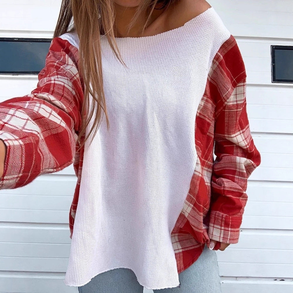 Women's oversized long-sleeve shirt in mixed material with textured waffle knit front and checkered sleeve section Mune Fashion