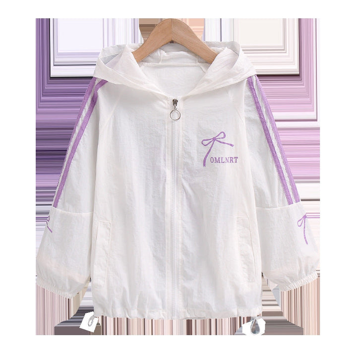 Women's lightweight hooded bomber jacket with bow print and contrast stripes Mune Fashion