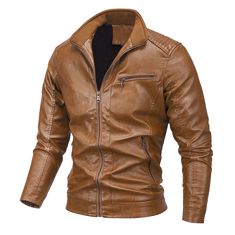 Men's faux leather moto jacket with stand-up collar, distinctive quilted design, and zip pockets Mune Fashion