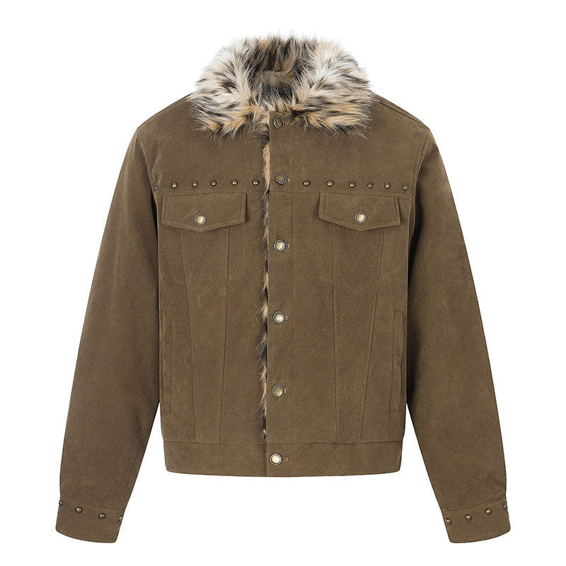 Men's suede trucker jacket with faux fur collar, stud embellishments and snap button closure Mune Fashion