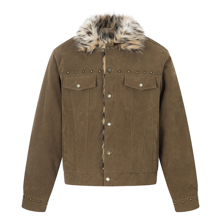 Men's suede trucker jacket with faux fur collar, stud embellishments and snap button closure Mune Fashion