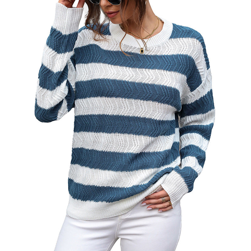 Women Casual Round Neck Fine Knit Sweater with Wide Stripes and Zigzag Structure Mune Fashion