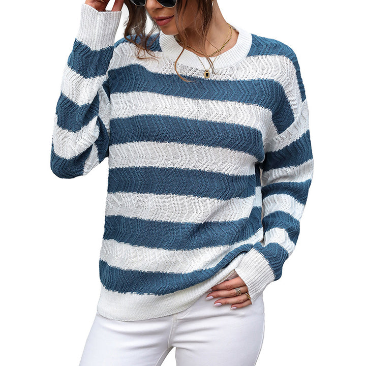 Women Casual Round Neck Fine Knit Sweater with Wide Stripes and Zigzag Structure Mune Fashion