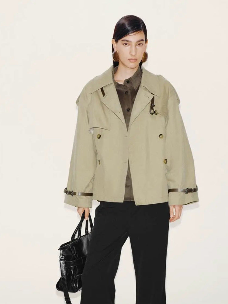 Women Short Boxy Trench Coat with Wide Lapels, Shoulder Straps and Adjustable Cuffs Mune Fashion