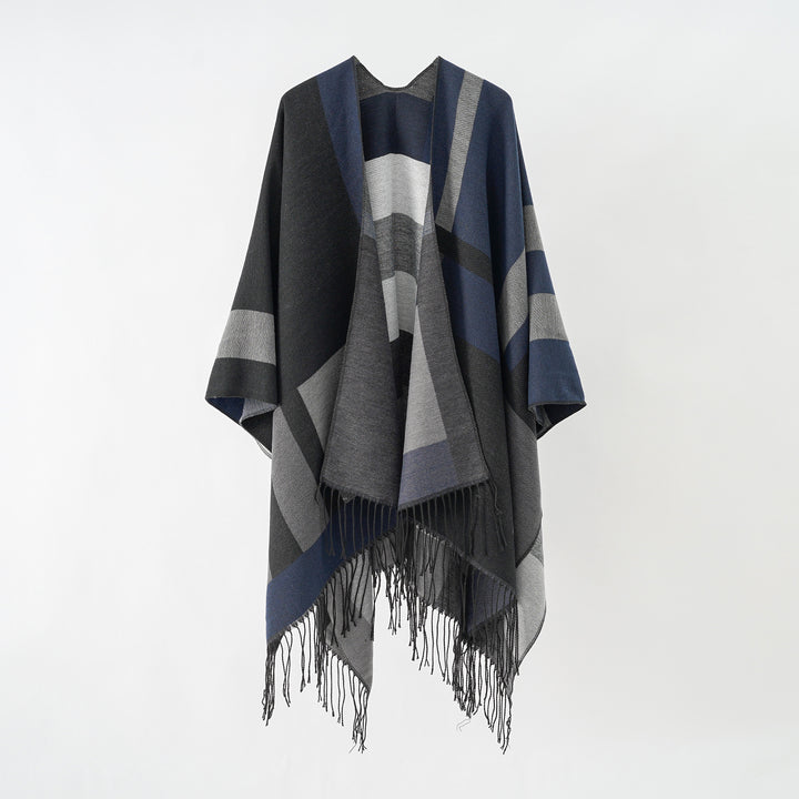Women's jacquard wrap poncho in cape cut with fine fringe hem Mune Fashion