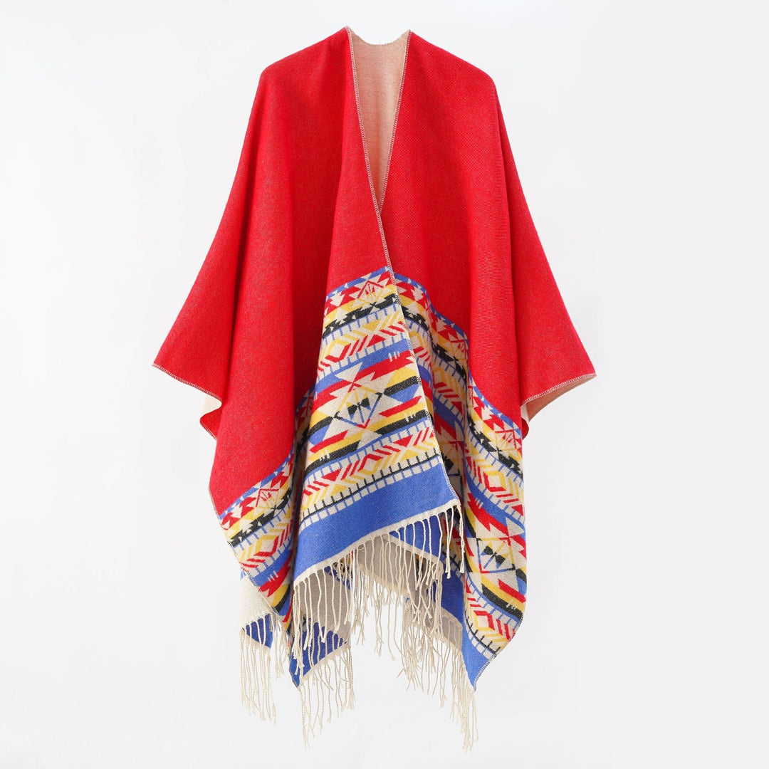 Women's Oversize Reversible Poncho made of Wool Blend with Ethno Jacquard and Fringe Hem Mune Fashion