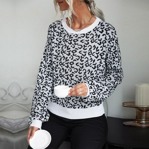 Women's Asymmetrical Fine Knit Sweater with Open Shoulder and Animal Jacquard Mune Fashion