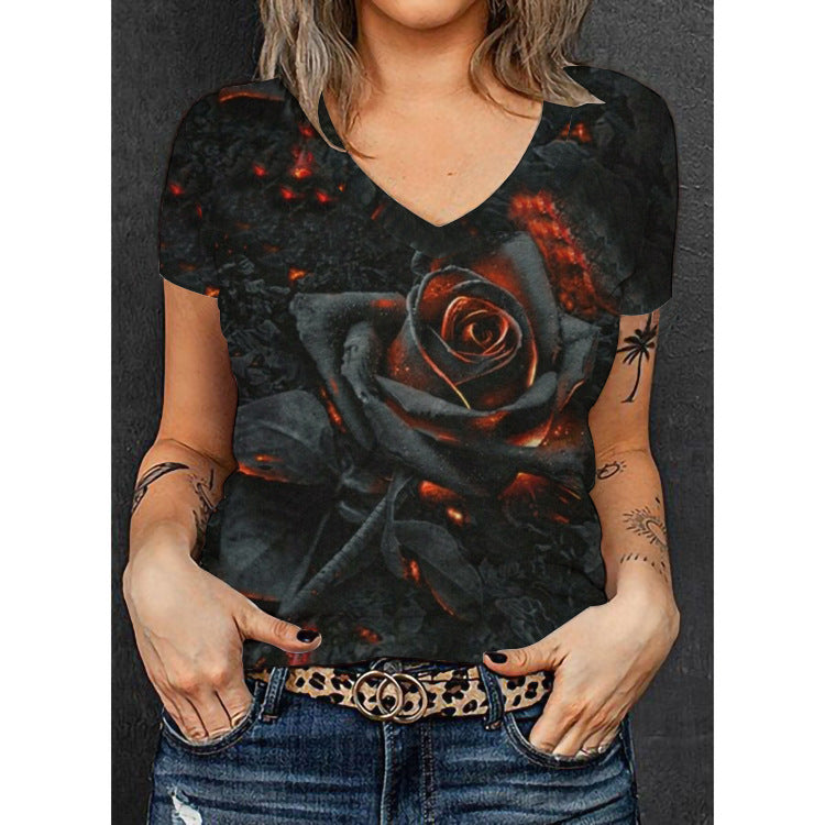 Women's V-neck T-shirt with floral overlay design Mune Fashion