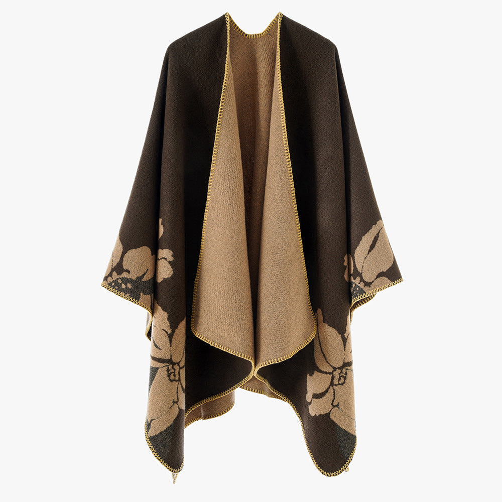 Women's Reversible Wool Blend Cape with Floral Jacquard and Open Draping Mune Fashion