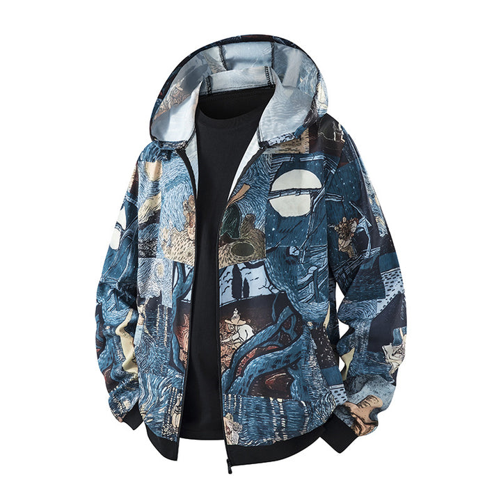 Unisex Light Hooded Jacket in Ethno Print with Full Zipper Drune