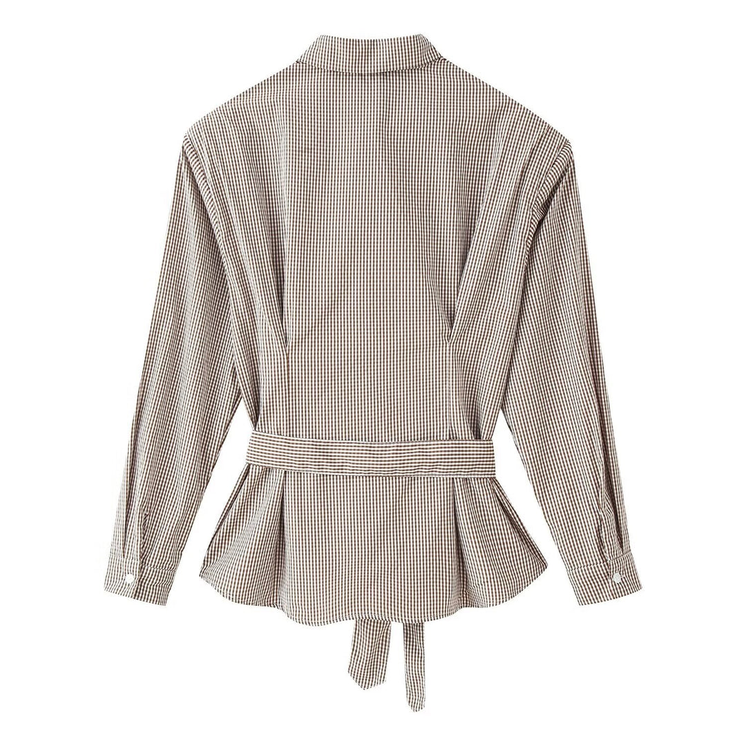 Women Tailored Shirt Dress with Check Pattern and Tied Belt Mune Fashion