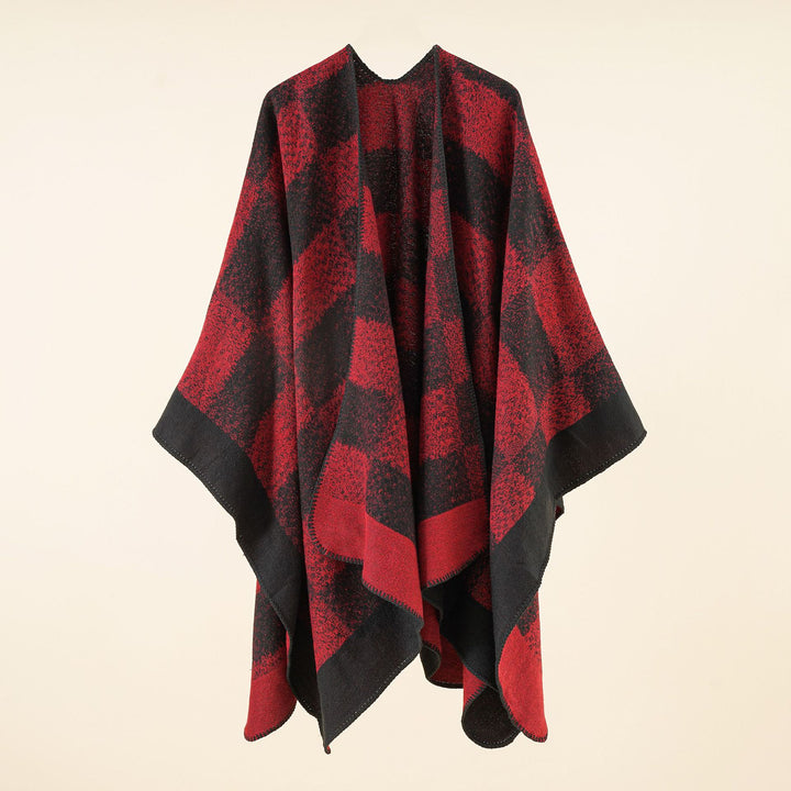 Women Versatile Wool Blend Wrap in Boxy Kimono Cut with Large Plaid Jacquard Detail