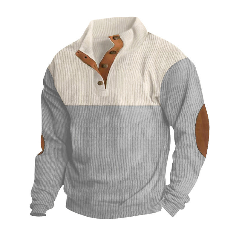 Men's ribbed pullover with stand-up collar, button placket, and elbow patches Mune Fashion