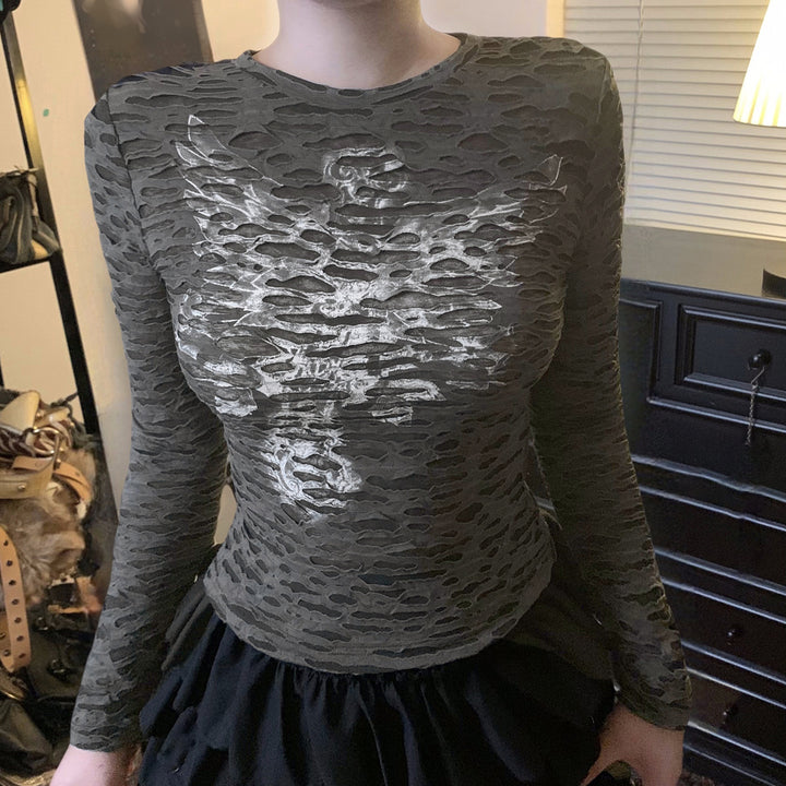 Women's Fitted Structured Long Sleeve Shirt with Metallic Skeleton Print Mune Fashion