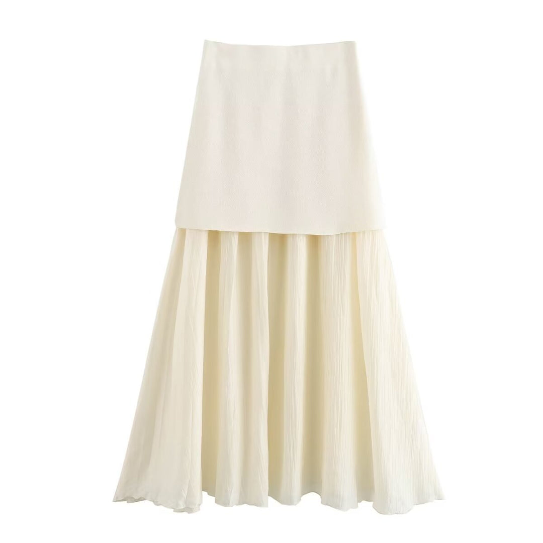 Women Two-Layer Chiffon Maxi Skirt with Smooth Hip Yoke and A-Line Fall Mune Fashion