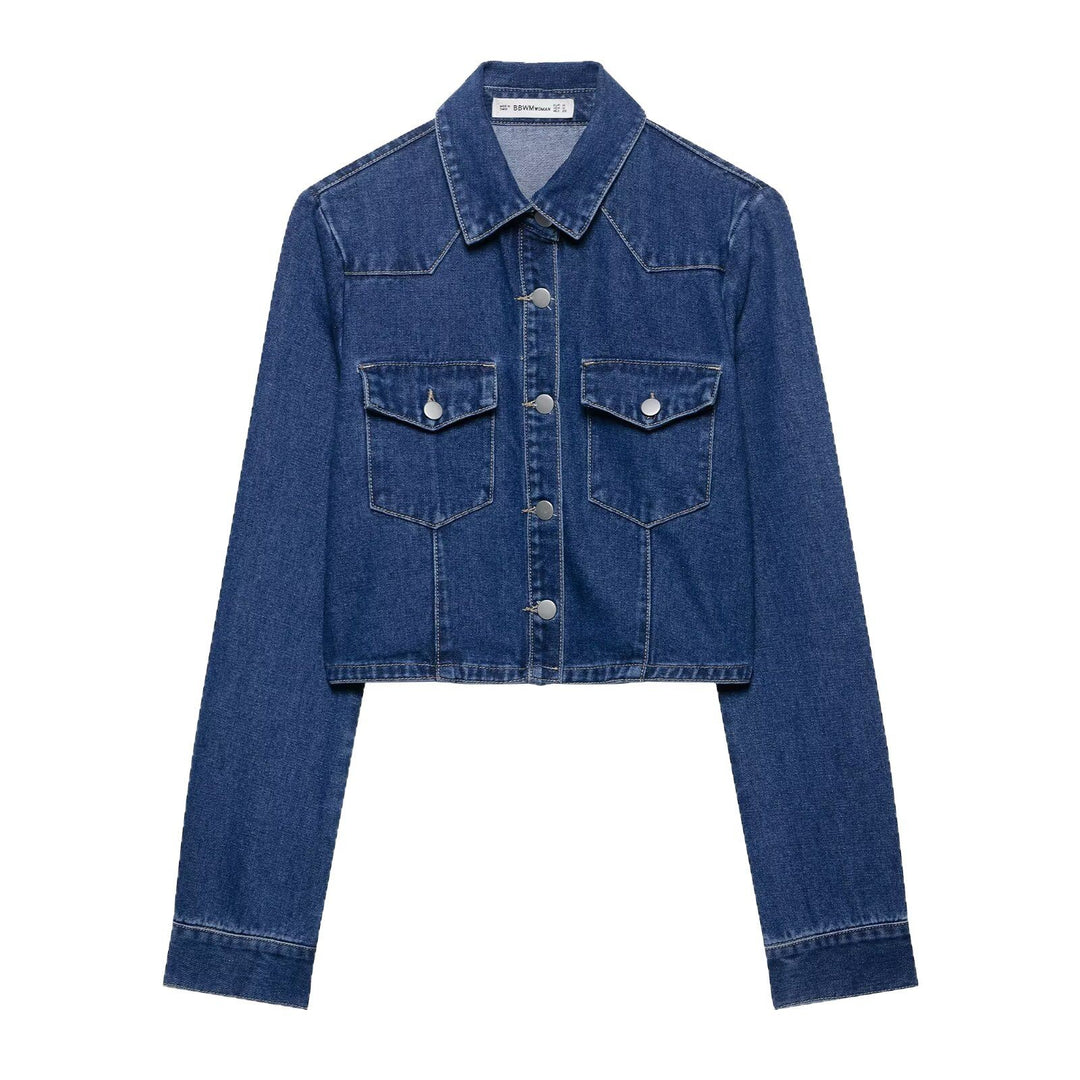 Women Short Cut Denim Jacket with Chest Pockets and Snap Placket Mune Fashion