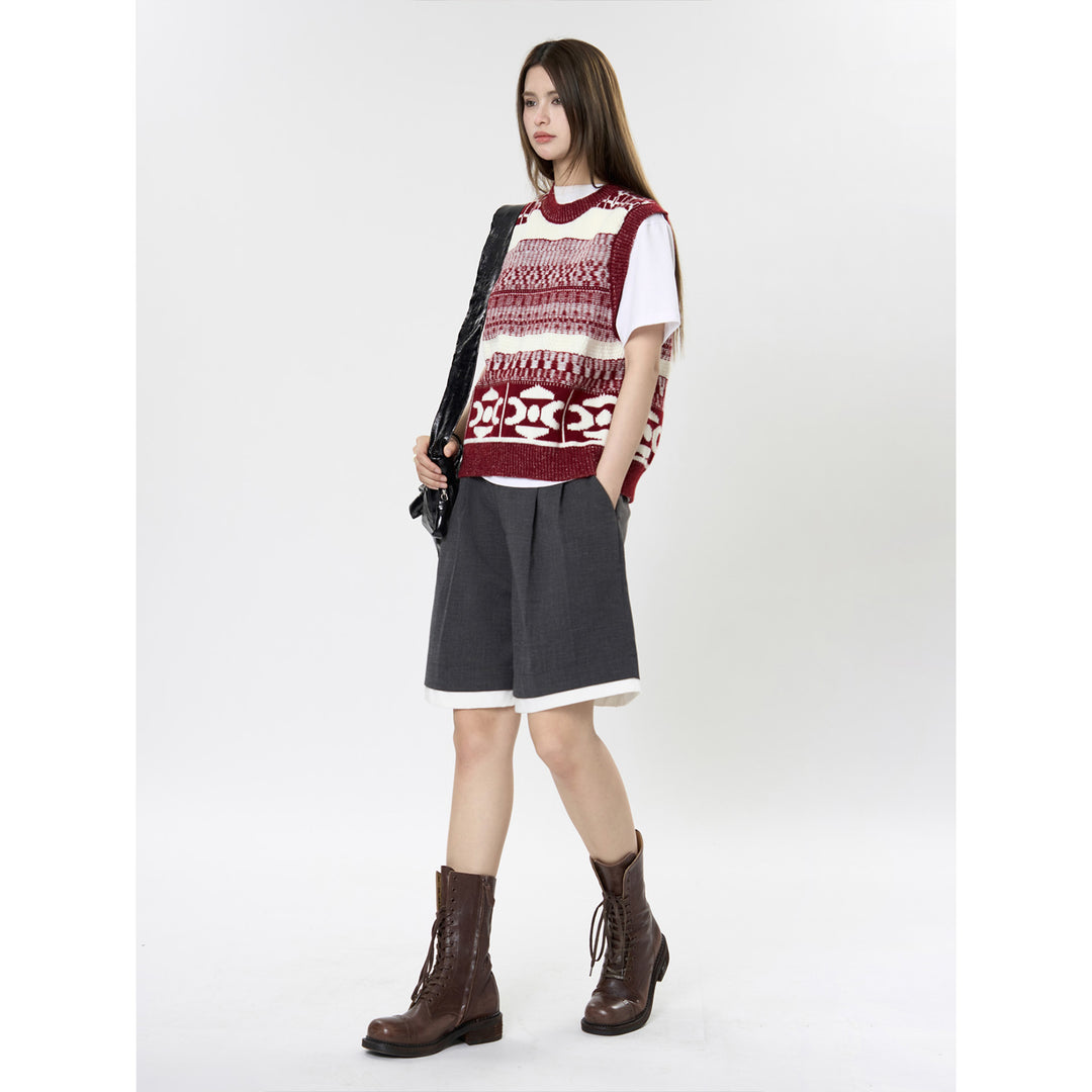 Women Jacquard knit vest with round neck and boxy silhouette Mune Fashion
