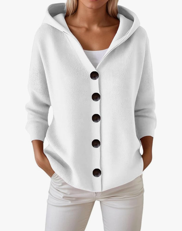 Women's hooded cardigan with large wooden buttons and side pockets Mune Fashion