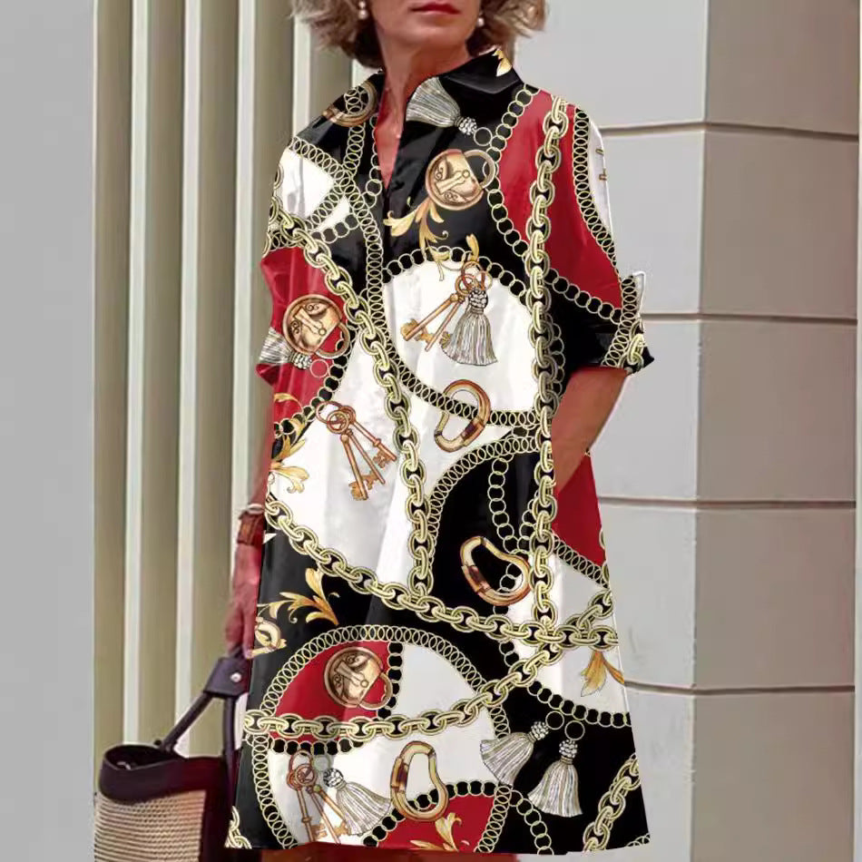 Ladies A-line shirt dress with rolled-up 3/4 sleeves and side pockets Mune Fashion
