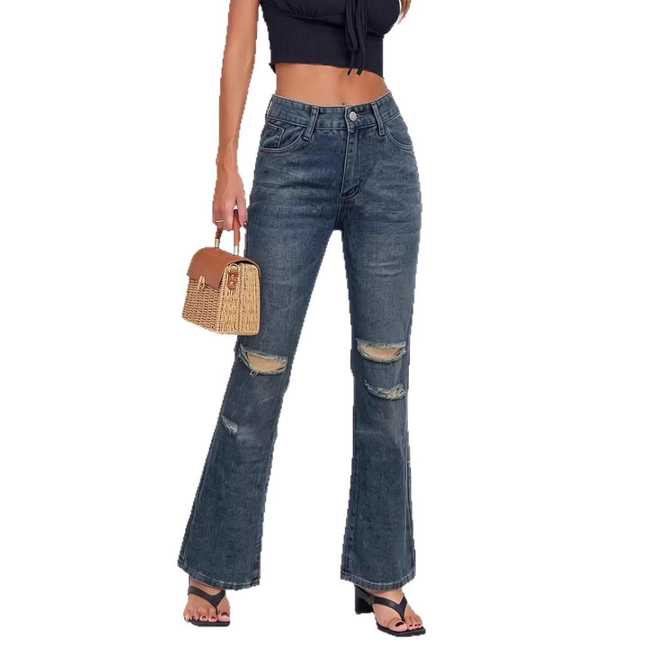 Women nan High-Waist flared jeans with distressed knee area and structured denim look Mune Fashion