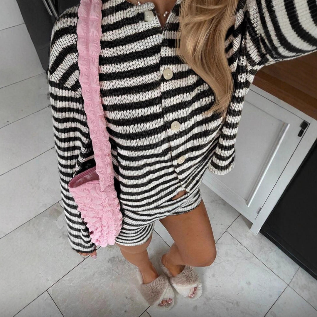 Women's fine rib knit two-piece with cropped button cardigan and high-waisted shorts Mune Fashion