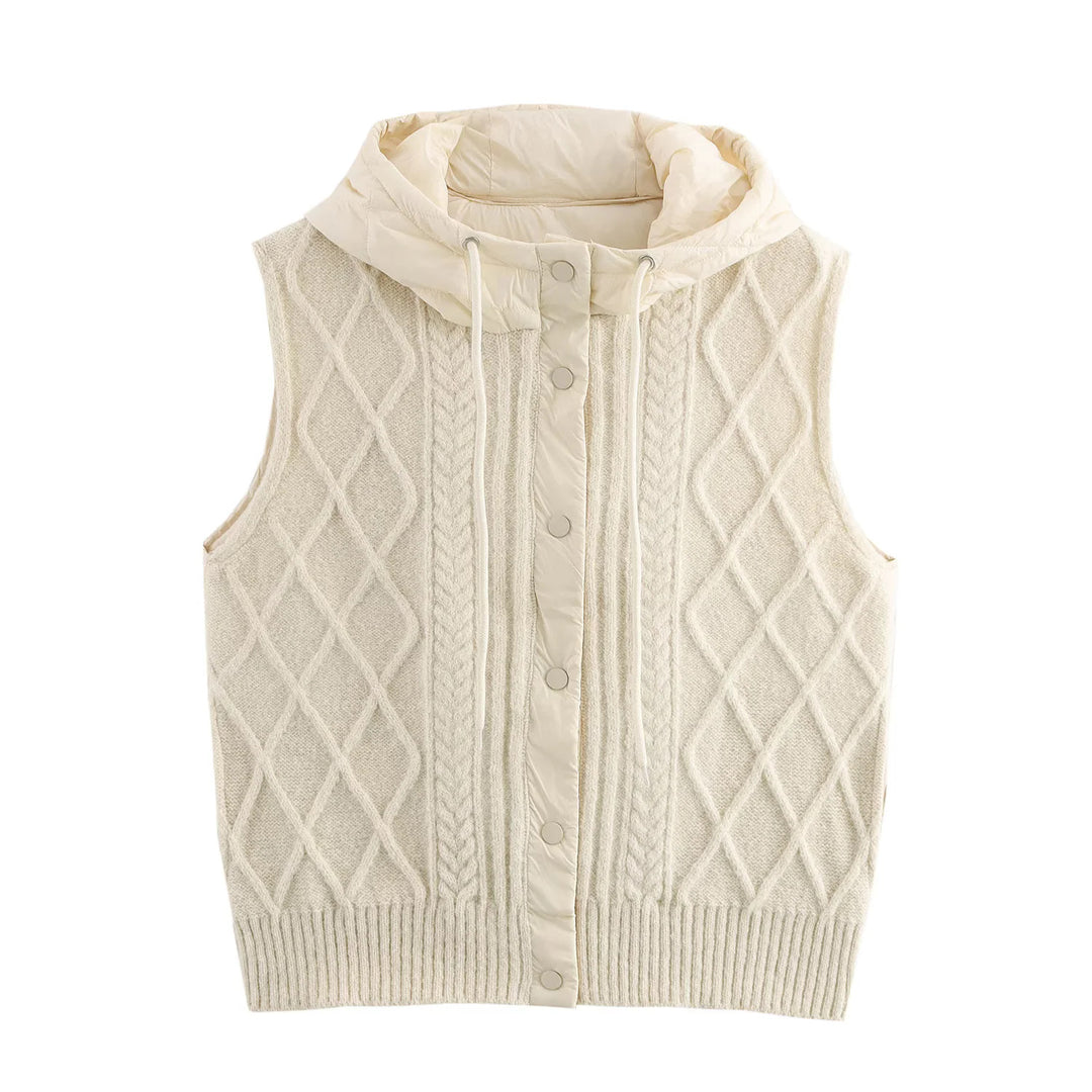 Women's knitted vest with padded hood, standing collar, and cable pattern Mune Fashion