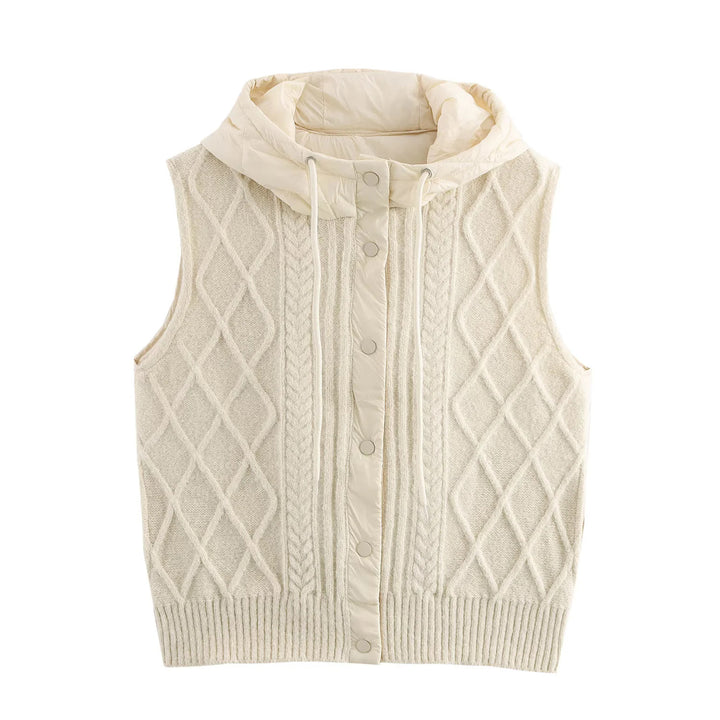 Women's knitted vest with padded hood, standing collar, and cable pattern Mune Fashion