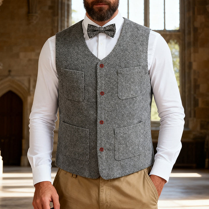 Men's wool felt vest with V-neck, four patch pockets and button placket Mune Fashion