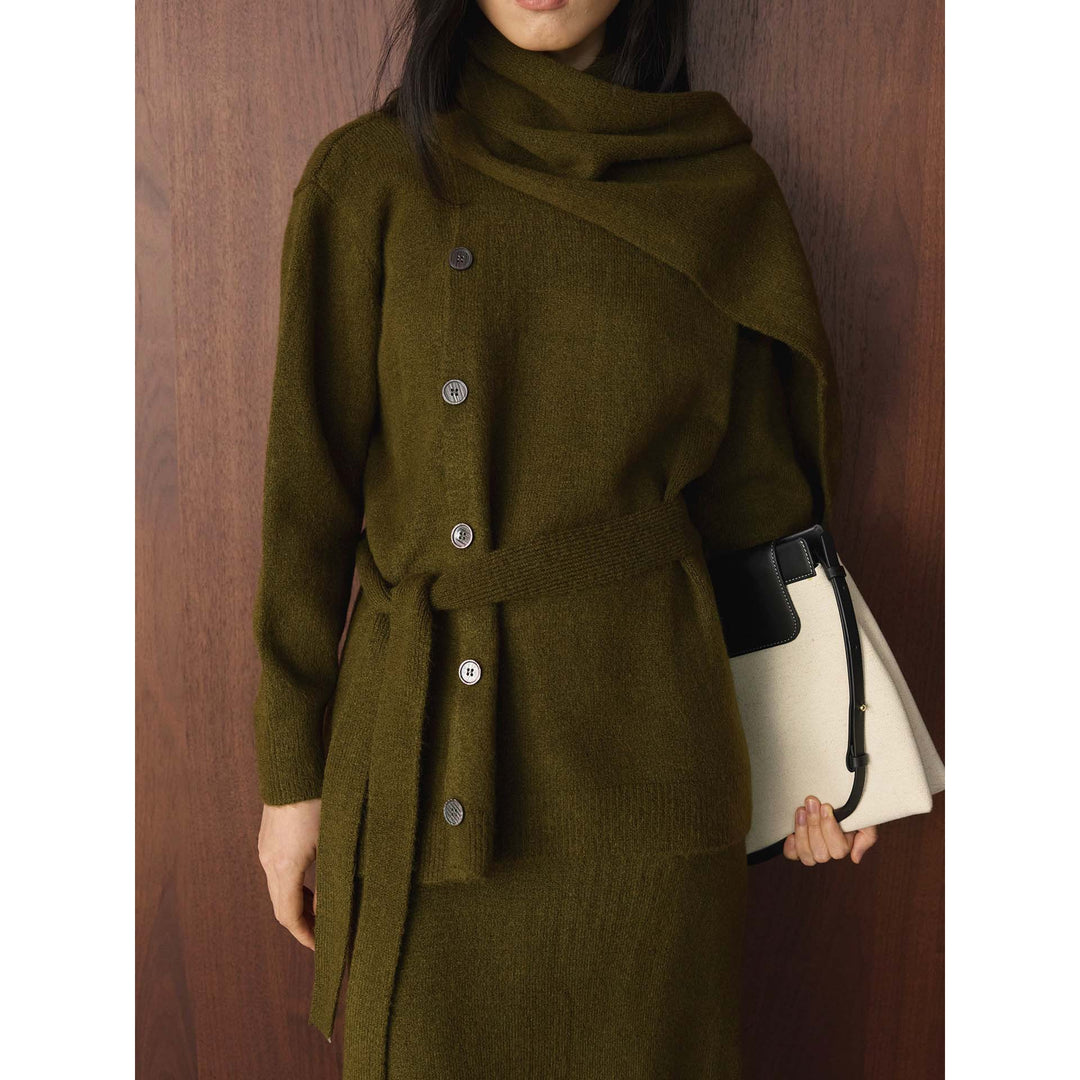 Women's Buttoned Knit Coat with Ties and Maxi Skirt Mune Fashion