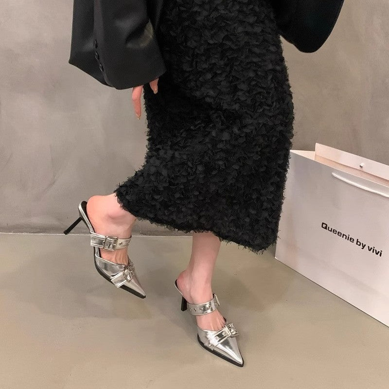 Women's pointed toe mule slippers with double buckle strap, eyelet detail, and low kitten heel Mune Fashion