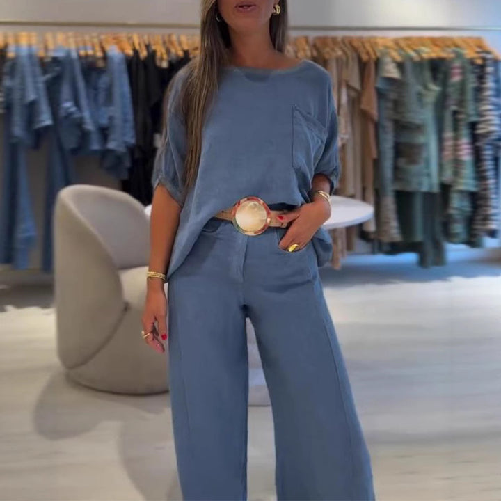 Women's casual linen blend two-piece set with boxy oversized top, patch pocket, and wide palazzo pants Mune Fashion