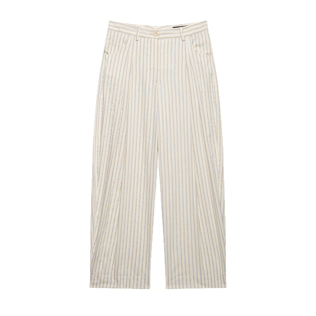 Ladies Wide Linen Trousers with High Waist, Striped Pattern and Patch Pockets Mune Fashion