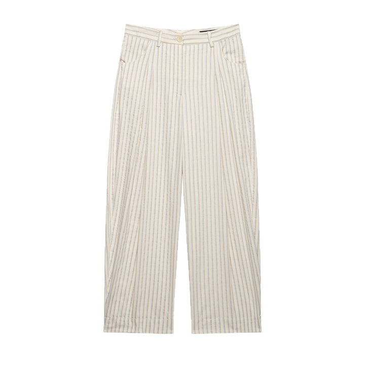 Ladies Wide Linen Trousers with High Waist, Striped Pattern and Patch Pockets Mune Fashion