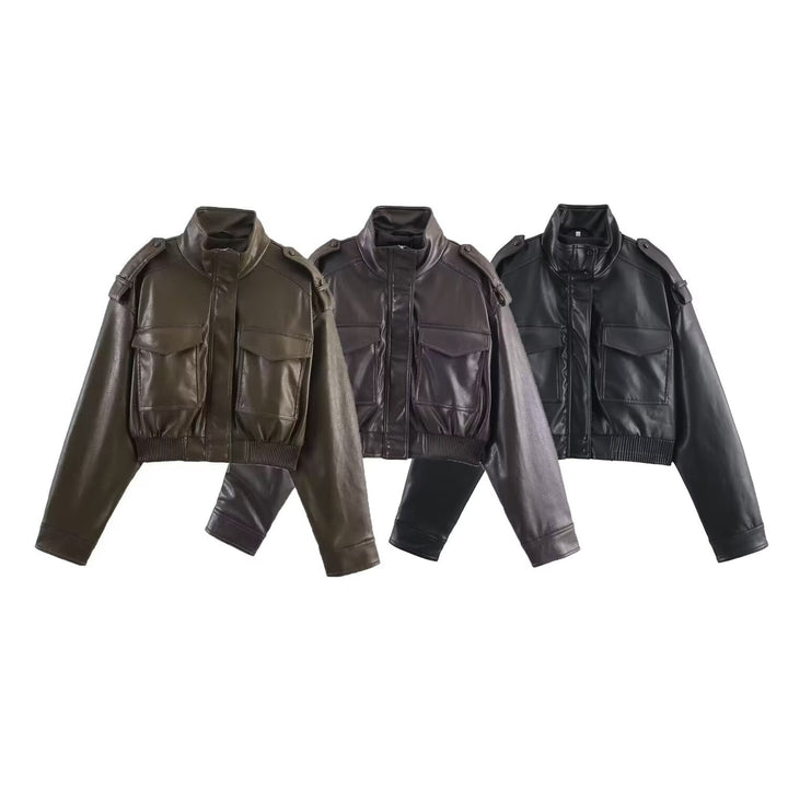 Women's short-cut military-inspired faux leather jacket with high stand collar, flap pockets, shoulder epaulets, and ribbed cuff Mune Fashion