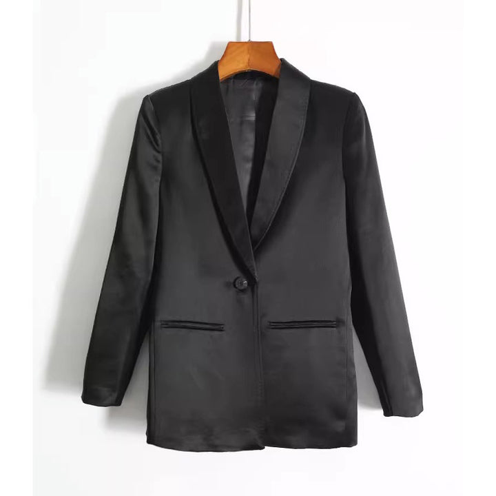Women's Tailored Tuxedo Blazer with Narrow Satin Lapels and Single Button Closure Mune Fashion